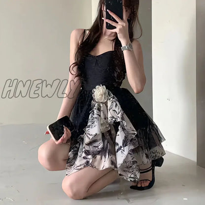 Hnewly Summer Gothic Lolita Black Mini Dress Women Vintage 90s Egirl Punk Slim Party Club Dress Women Suspender Tie Dye Skirt Mesh