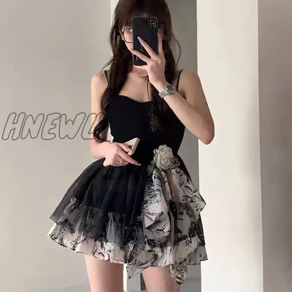 Hnewly Summer Gothic Lolita Black Mini Dress Women Vintage 90s Egirl Punk Slim Party Club Dress Women Suspender Tie Dye Skirt Mesh