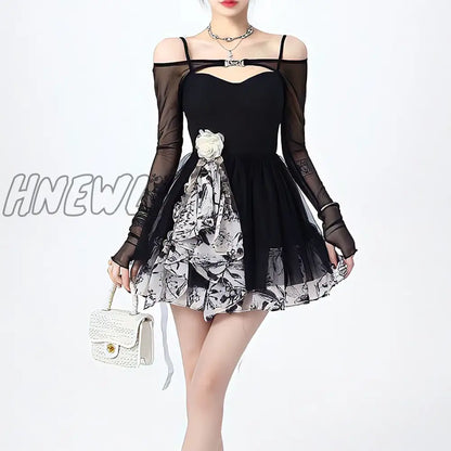 Hnewly Summer Gothic Lolita Black Mini Dress Women Vintage 90s Egirl Punk Slim Party Club Dress Women Suspender Tie Dye Skirt Mesh