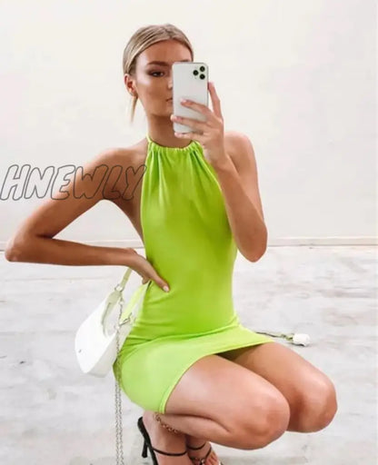 Hnewly Summer Gradient Backless Knit Dress Women New Mini Beach Party Halter Dress Holiday Slim Ladies Stretch Sweater Dress