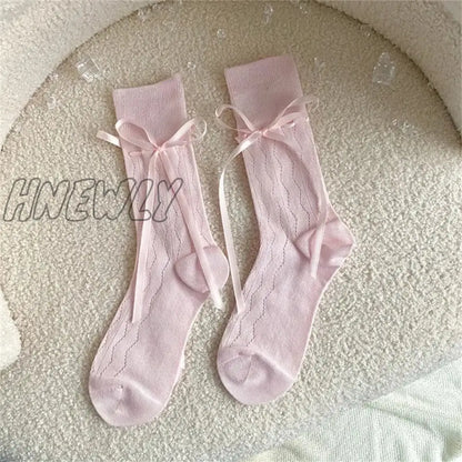 xsrrr Summer Hollows Breathable Bows Sock Casual Ballet Style Solid Color Bandage Casual Stocking for Women Daily Wearing M6CD