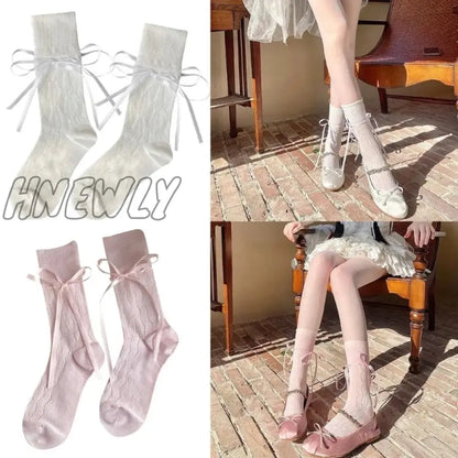 xsrrr Summer Hollows Breathable Bows Sock Casual Ballet Style Solid Color Bandage Casual Stocking for Women Daily Wearing M6CD