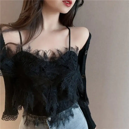 xsrrr Summer Ladies French Lace Sling Elegant Sexy Outerwear Women Short Beauty Back Sleeveless Vest Fashion Sweet Tank Top