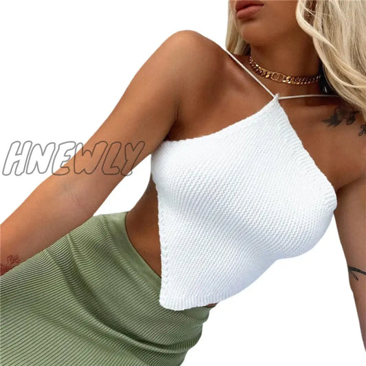 xsrrr Summer Ladies Sexy Backless Chest Wrap Women Solid Color Hanging Neck Lace-Up Sleeveless Knitted Camisole Irregular Hem Top