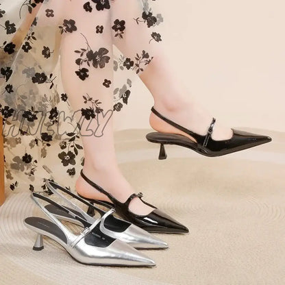 Hnewly Summer Low Sandals Woman Leather Suit Female Beige Womens Shoes High Heels Low-heeled Black Comfort New Stiletto Girls