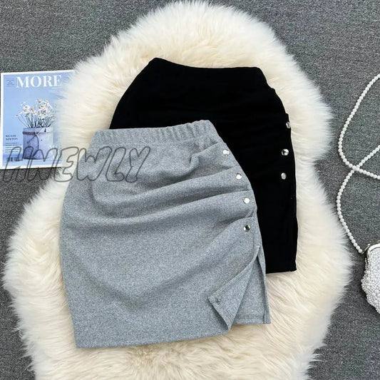 xsrrr Summer Mini Cotton Skirt Women Elastic Waist Sexy Solid Black Grey Folds Split Skirts Irregular Bottom