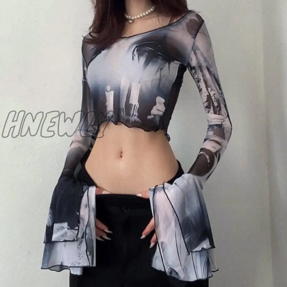 Hnewly Summer New 2024 Printed Round Neck Pullover Mesh Sheer T-shirt Long Flare Sleeve Slim Fit Tee Women Clothes