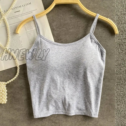 xsrrr Summer New Crop Tops Sexy Spaghetti Strap Tanke Top Women Built In Bra Off Shoulder Solid Color Sleeveless Camisole Ins