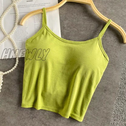 xsrrr Summer New Crop Tops Sexy Spaghetti Strap Tanke Top Women Built In Bra Off Shoulder Solid Color Sleeveless Camisole Ins