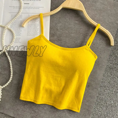 xsrrr Summer New Crop Tops Sexy Spaghetti Strap Tanke Top Women Built In Bra Off Shoulder Solid Color Sleeveless Camisole Ins