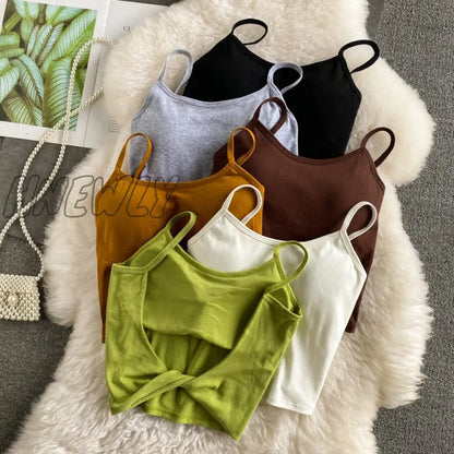 xsrrr Summer New Crop Tops Sexy Spaghetti Strap Tanke Top Women Built In Bra Off Shoulder Solid Color Sleeveless Camisole Ins