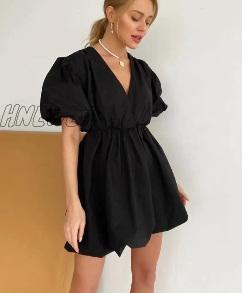 Hnewly Summer New Cross V-neck Puff Sleeve Flower Bud Dress Elasitc High Waist Commuter Slim Half Sleeve Dress for Female