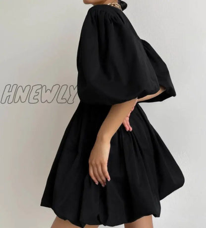 Hnewly Summer New Cross V-neck Puff Sleeve Flower Bud Dress Elasitc High Waist Commuter Slim Half Sleeve Dress for Female