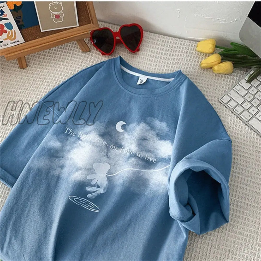 xsrrr Summer New Japanese Printing Cloud Moon Bear Letter Short-Sleeved T-Shirt Female Ins Harajuku Casual Cute Loose Oversized Top Cute Fits