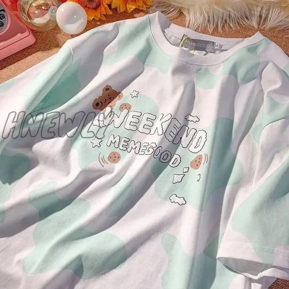 xsrrr Summer New Japanese Printing Cloud Moon Bear Letter Short-Sleeved T-Shirt Female Ins Harajuku Casual Cute Loose Oversized Top Cute Fits