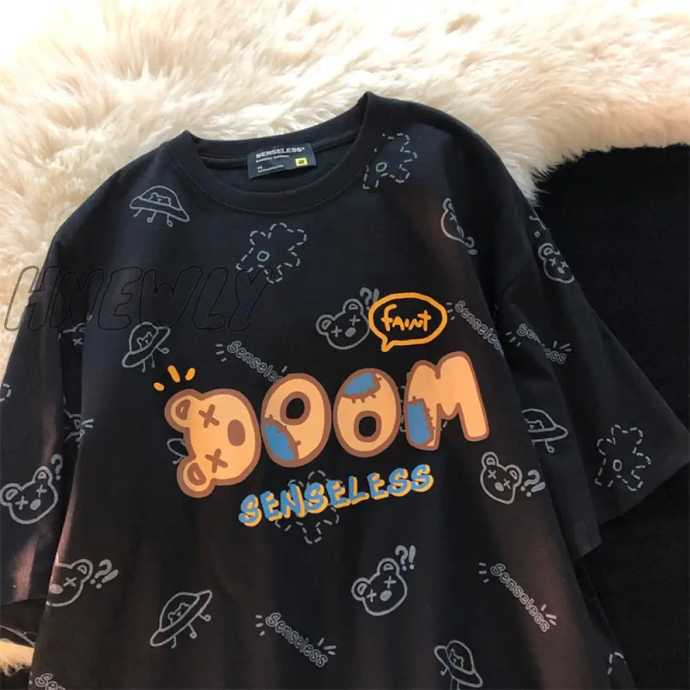 xsrrr Summer New Japanese Printing Cloud Moon Bear Letter Short-Sleeved T-Shirt Female Ins Harajuku Casual Cute Loose Oversized Top Cute Fits