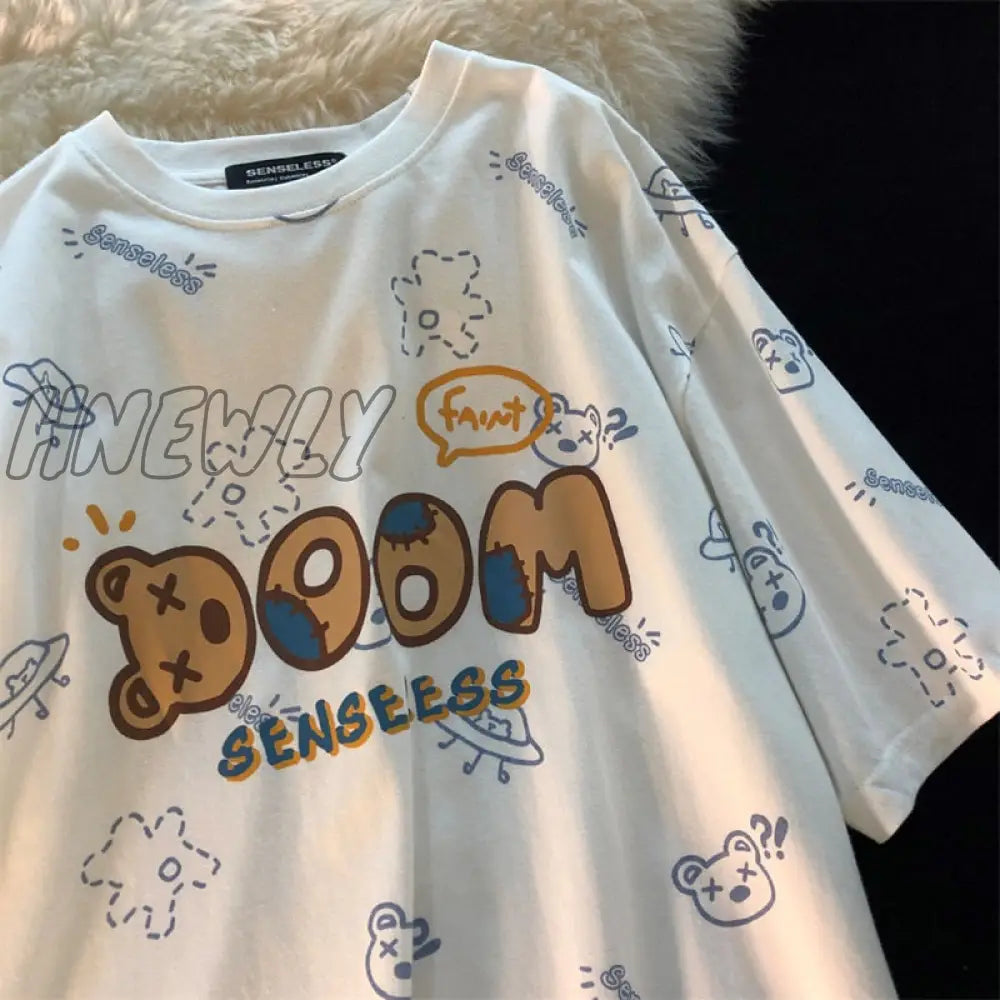 xsrrr Summer New Japanese Printing Cloud Moon Bear Letter Short-Sleeved T-Shirt Female Ins Harajuku Casual Cute Loose Oversized Top Cute Fits