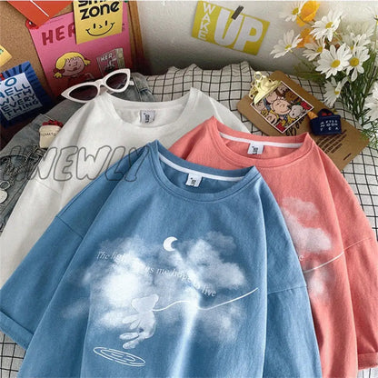 xsrrr Summer New Japanese Printing Cloud Moon Bear Letter Short-Sleeved T-Shirt Female Ins Harajuku Casual Cute Loose Oversized Top Cute Fits