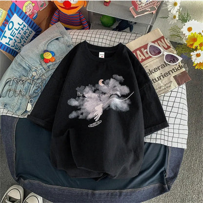 xsrrr Summer New Japanese Printing Cloud Moon Bear Letter Short-Sleeved T-Shirt Female Ins Harajuku Casual Cute Loose Oversized Top Cute Fits