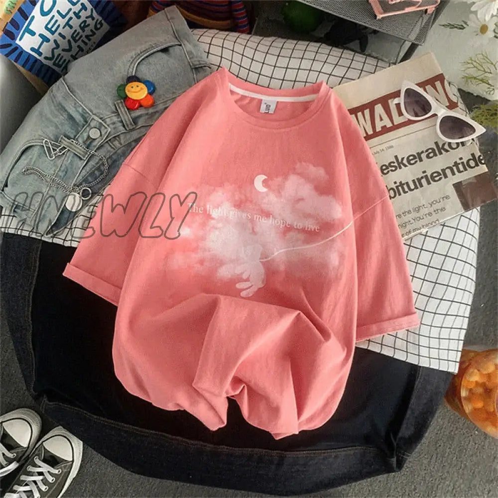 xsrrr Summer New Japanese Printing Cloud Moon Bear Letter Short-Sleeved T-Shirt Female Ins Harajuku Casual Cute Loose Oversized Top Cute Fits