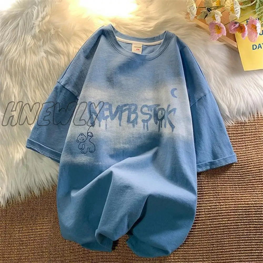 xsrrr Summer New Japanese Printing Cloud Moon Bear Letter Short-Sleeved T-Shirt Female Ins Harajuku Casual Cute Loose Oversized Top Cute Fits