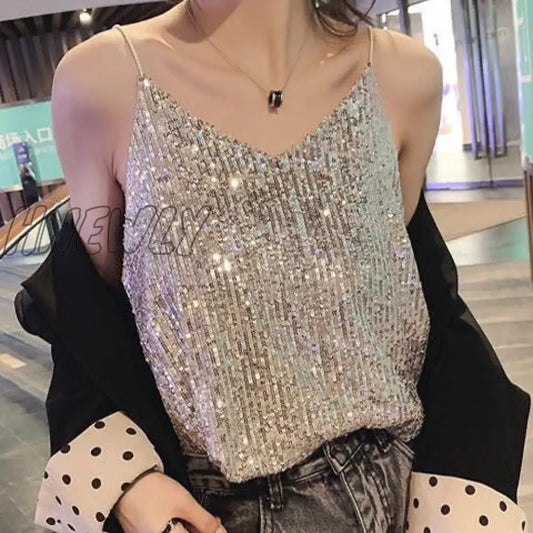 xsrrr Summer New Sexy Glittering Sequin V-neck Sling Vest Women's Short Loose Tops Outerwear Bottoming Shirt