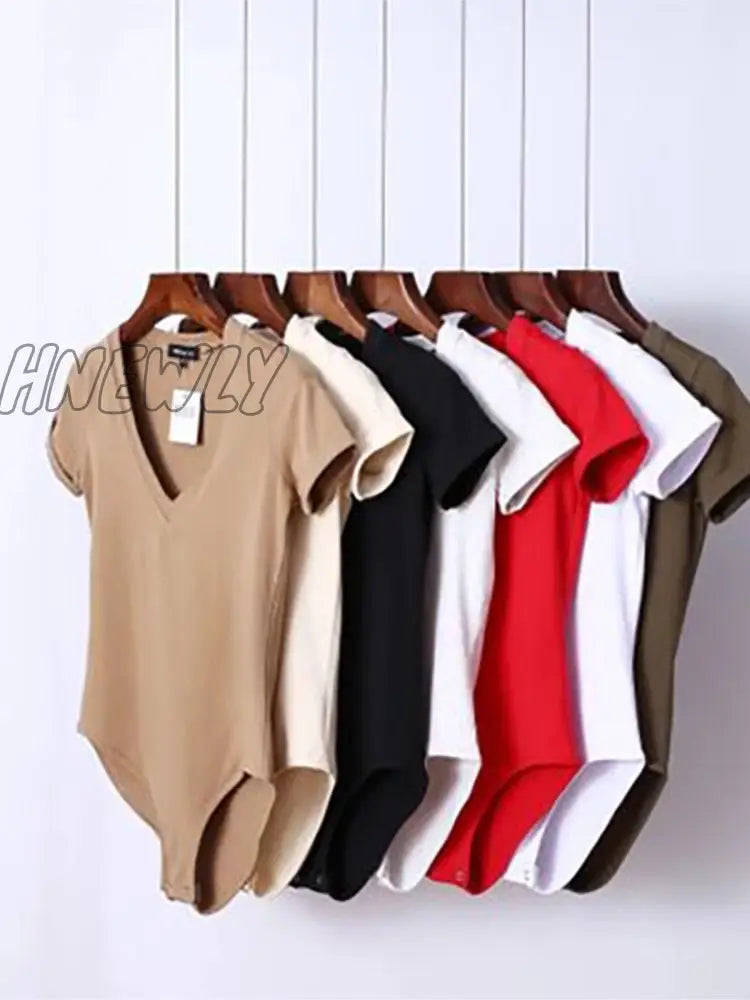 xsrrr Summer New Solid Color Sexy Big V-neck Slim Slimming One-Piece Short-Sleeved T-Shirt Women's One-Piece Retro Shirt