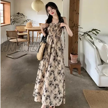 xsrrr Summer New Sweet Elegant Halter Dress Slash Neck Floral High Waist Pleats Long Dress Patchwork Holiday Style Boho Dress