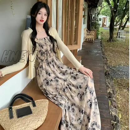 xsrrr Summer New Sweet Elegant Halter Dress Slash Neck Floral High Waist Pleats Long Dress Patchwork Holiday Style Boho Dress