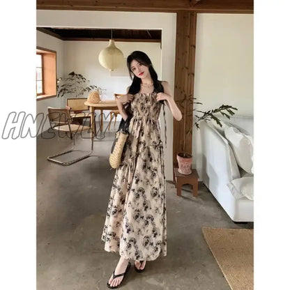 xsrrr Summer New Sweet Elegant Halter Dress Slash Neck Floral High Waist Pleats Long Dress Patchwork Holiday Style Boho Dress