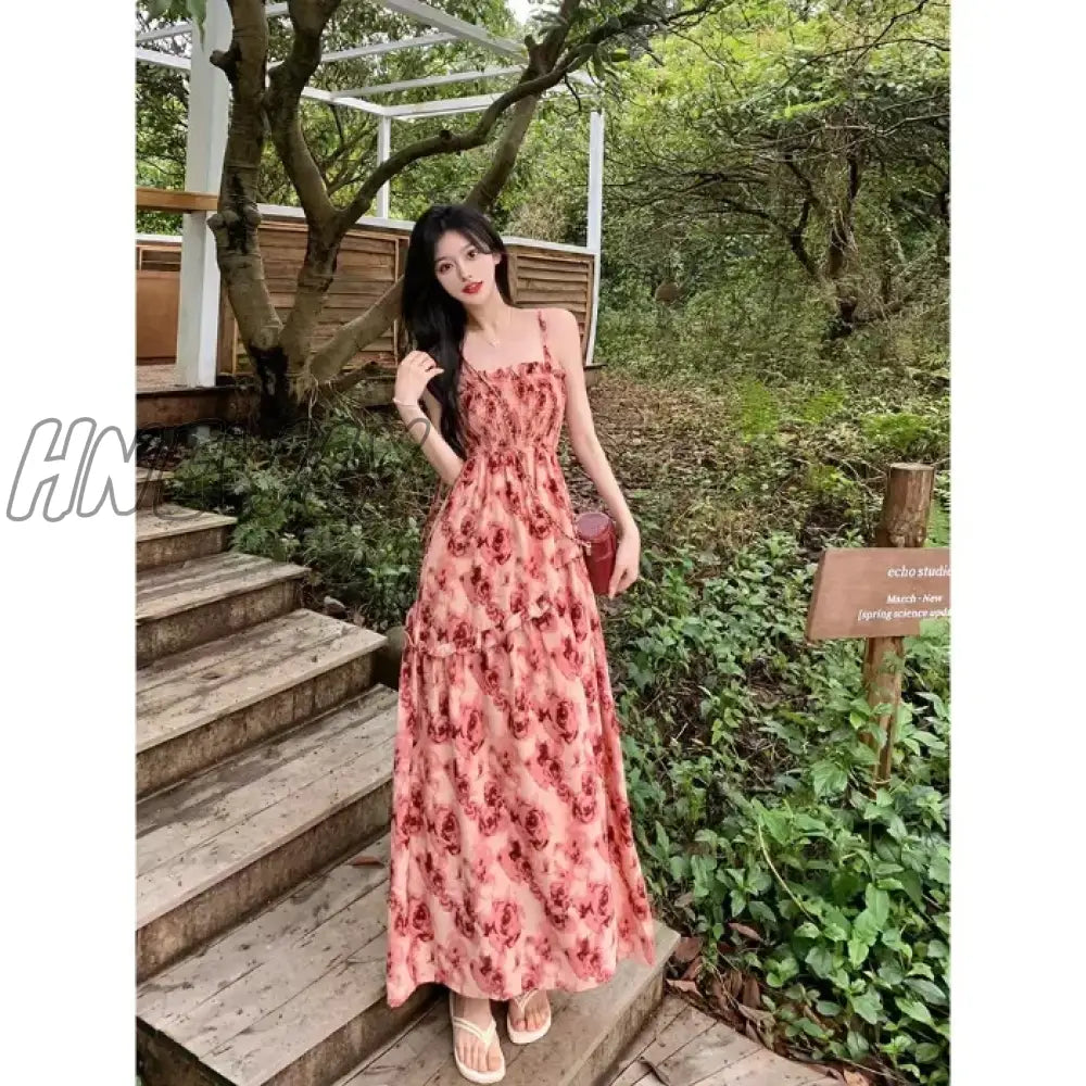 xsrrr Summer New Sweet Elegant Halter Dress Slash Neck Floral High Waist Pleats Long Dress Patchwork Holiday Style Boho Dress