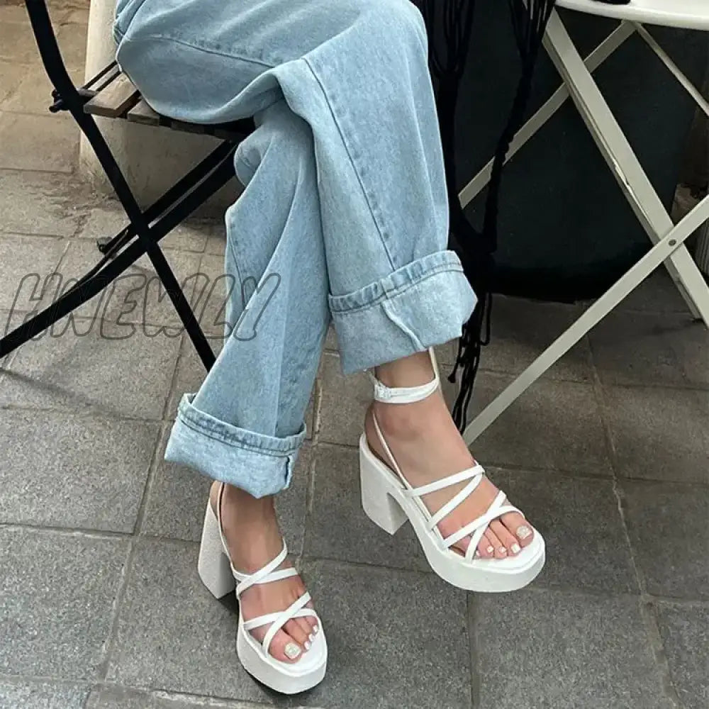 Hnewly Summer New Thick Heel Sandals with Waterproof Platform Open Toe Cross Strap Women's Fashion Roman Shoes