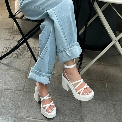 Hnewly Summer New Thick Heel Sandals with Waterproof Platform Open Toe Cross Strap Women's Fashion Roman Shoes