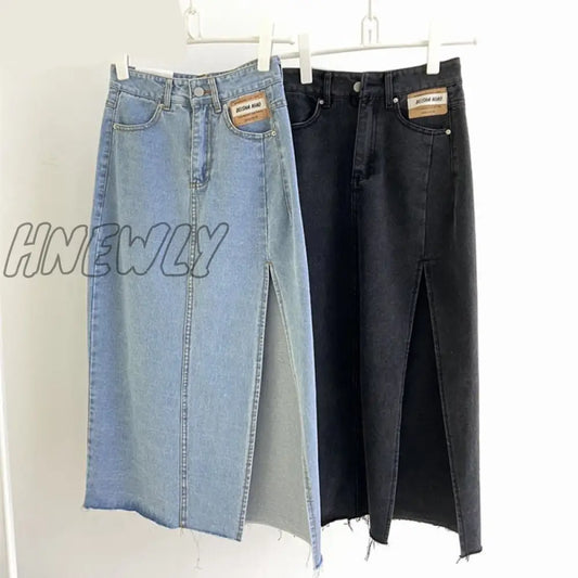 Hnewly Summer New Women's Long Denim Skirt Vintage High Wasit Jeans Skirt Female Straight Side Split A-line Pencil Skirts