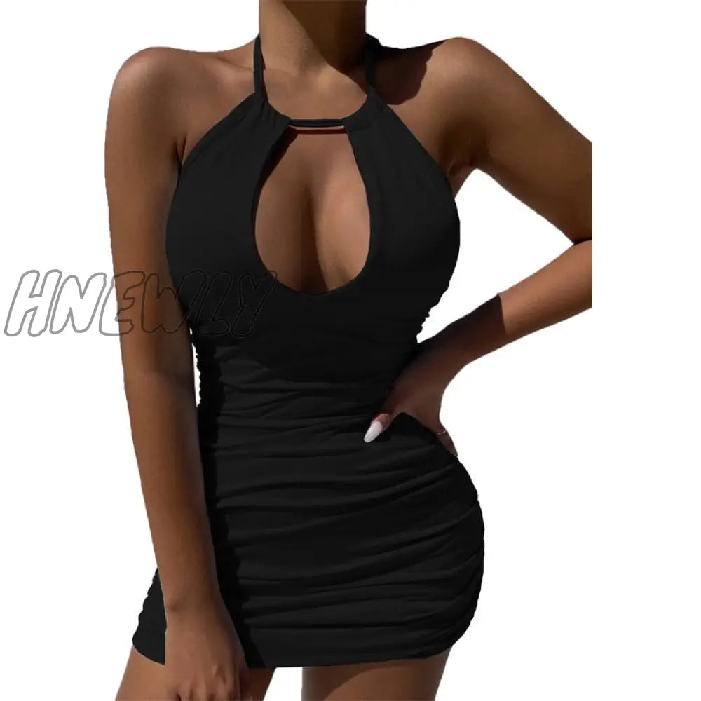 xsrrr Summer Party Dress Elegant Women's Sexy Bodycon Dress Halter Solid Hollow Mini Dress Casual Slim Fit Fashion Mini Dress