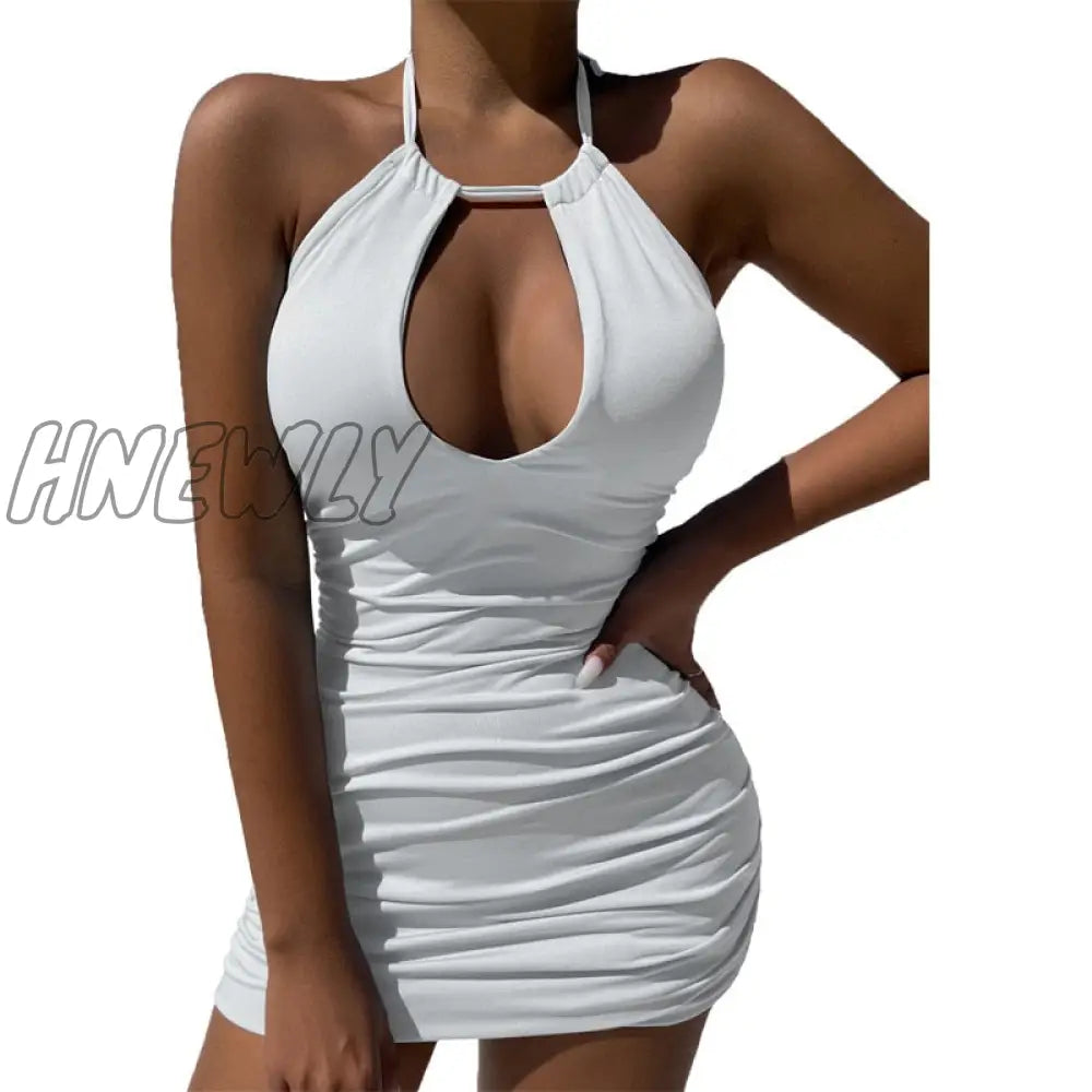 xsrrr Summer Party Dress Elegant Women's Sexy Bodycon Dress Halter Solid Hollow Mini Dress Casual Slim Fit Fashion Mini Dress