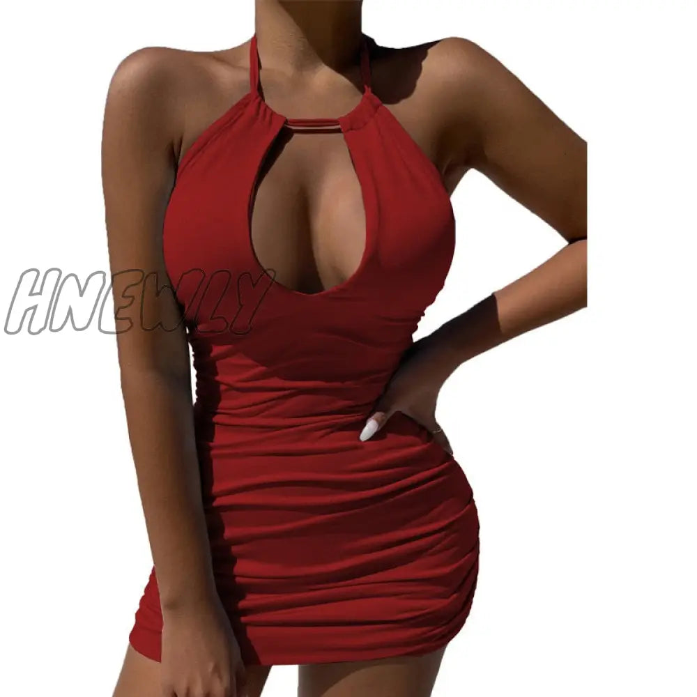 xsrrr Summer Party Dress Elegant Women's Sexy Bodycon Dress Halter Solid Hollow Mini Dress Casual Slim Fit Fashion Mini Dress