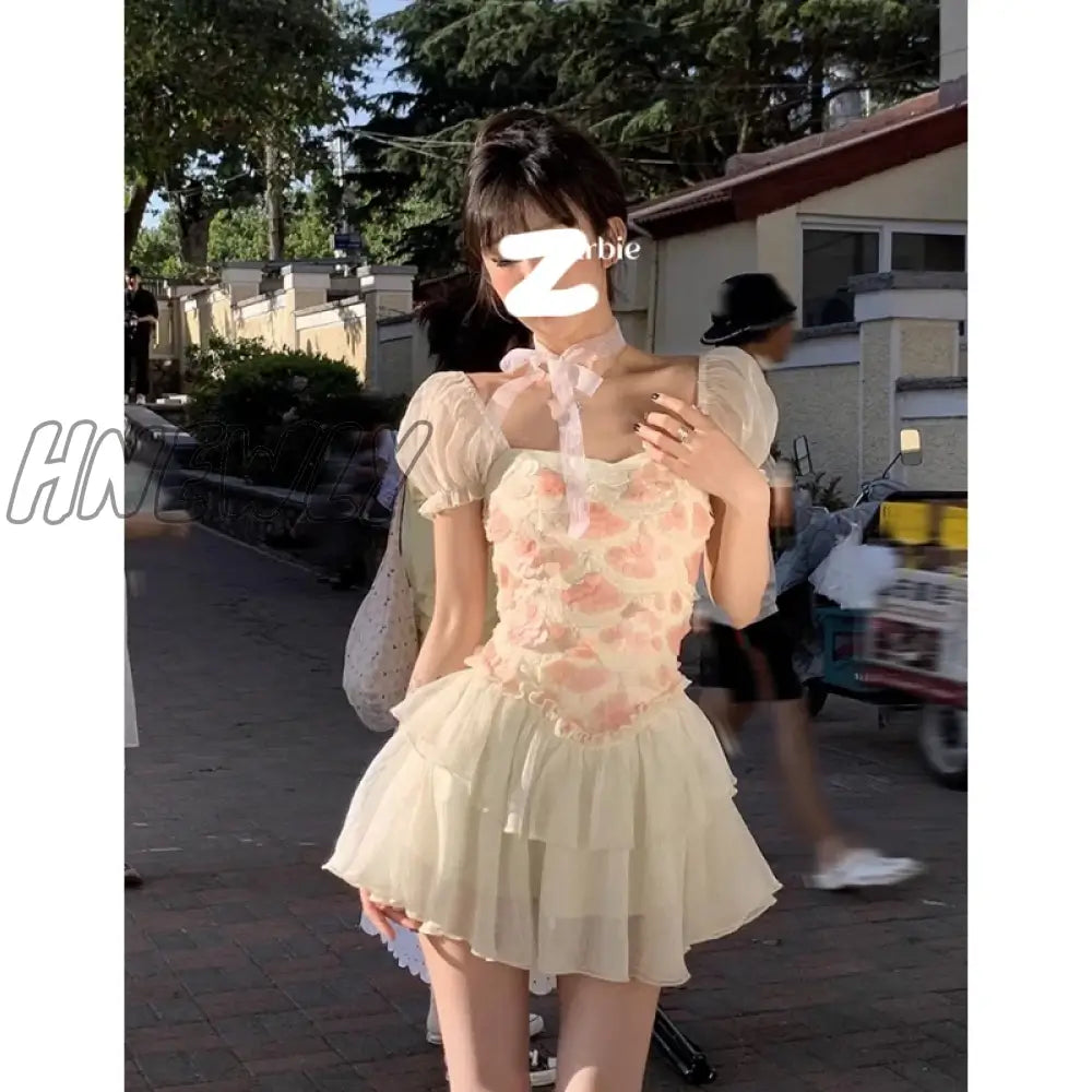 Hnewly Summer Pink Dress Womens Printing Vintage Fashion Y2K Style Simple Miniskirt Temperament Elegant Party Dress