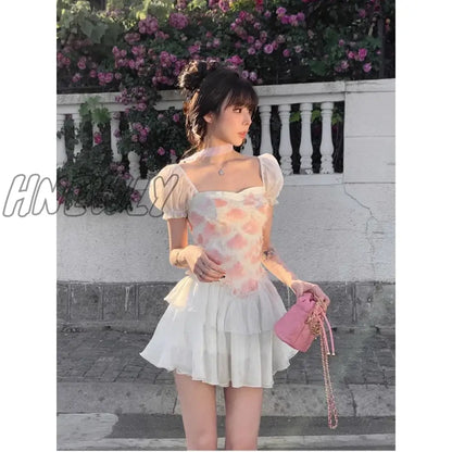 Hnewly Summer Pink Dress Womens Printing Vintage Fashion Y2K Style Simple Miniskirt Temperament Elegant Party Dress