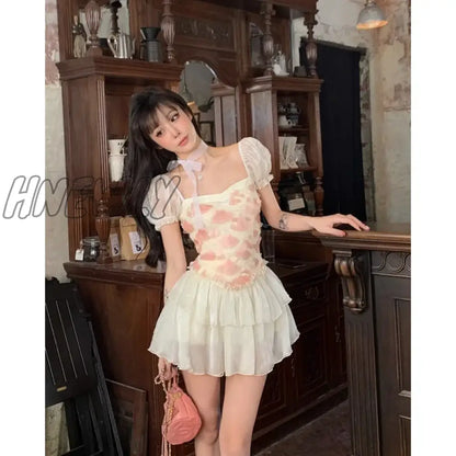 Hnewly Summer Pink Dress Womens Printing Vintage Fashion Y2K Style Simple Miniskirt Temperament Elegant Party Dress