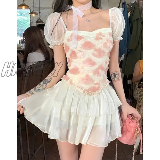 Hnewly Summer Pink Dress Womens Printing Vintage Fashion Y2K Style Simple Miniskirt Temperament Elegant Party Dress