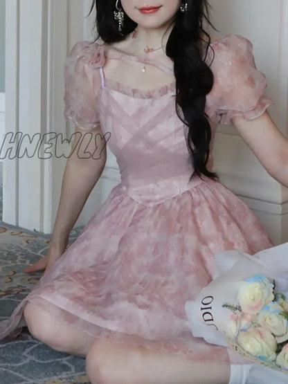 xsrrr Summer Pink Kawaii Lolita Dress Women Mini Puff Sleeve Beach Casual Elegant Fairy Dress 2023 Print Korea Cute Party Dress Female