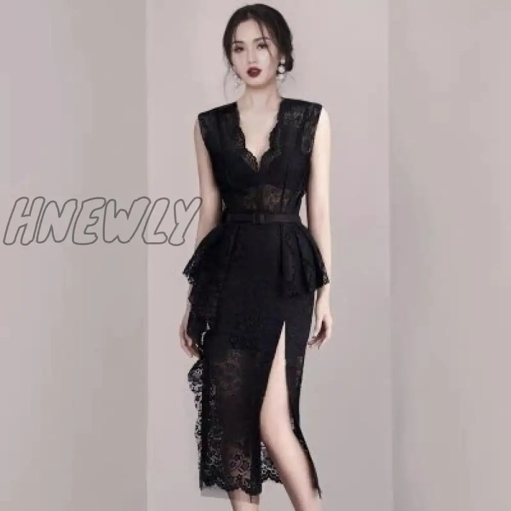 Hnewly Summer Robe Femme Korean Elegant Lace Cotton Maxi Dress Women Sleeveless V-Neck Embroidered Mermaid Long Party Dress