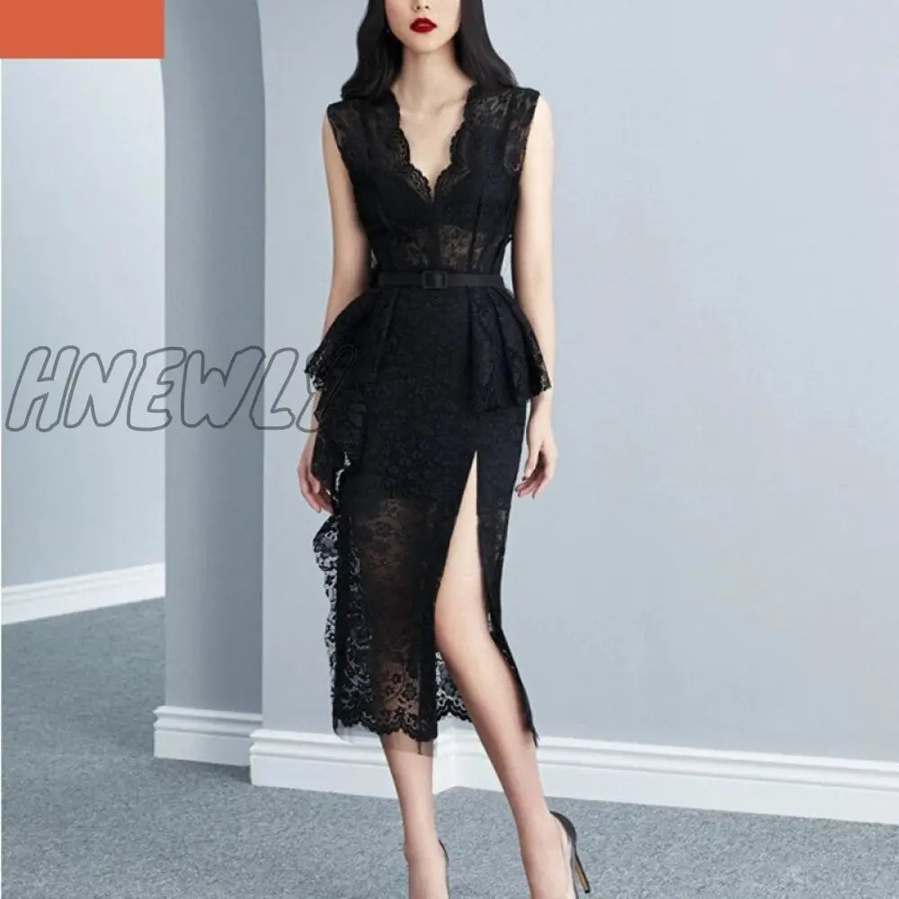 Hnewly Summer Robe Femme Korean Elegant Lace Cotton Maxi Dress Women Sleeveless V-Neck Embroidered Mermaid Long Party Dress