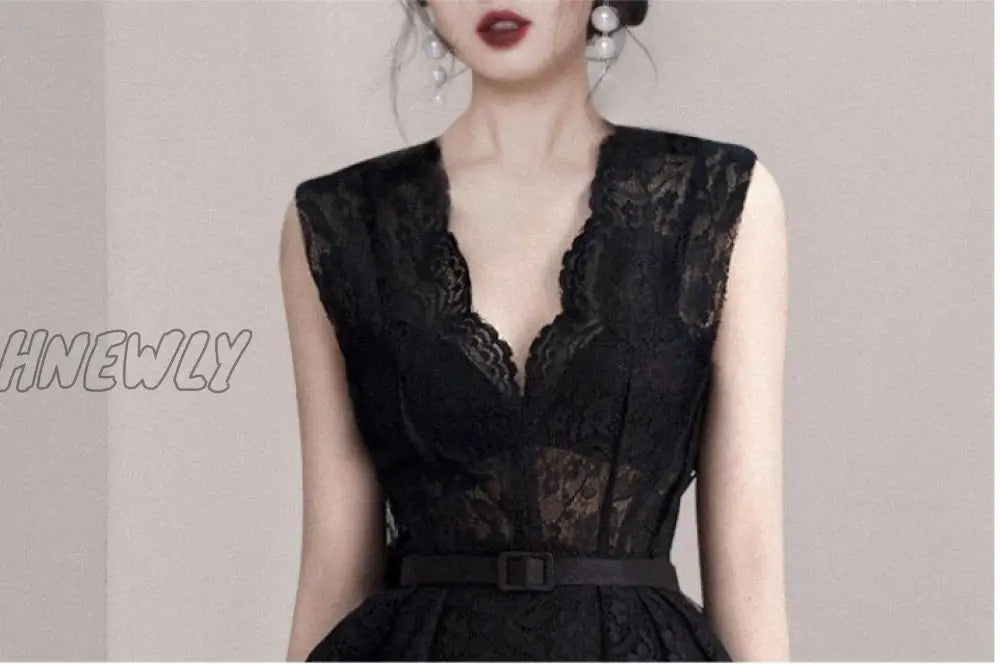 Hnewly Summer Robe Femme Korean Elegant Lace Cotton Maxi Dress Women Sleeveless V-Neck Embroidered Mermaid Long Party Dress