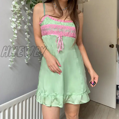 Hnewly Summer Ruffles Hem Kawaii Slip Dresses For Women Patchwork Lace Cute A Line Satin Dress Mini Fairycore y2k Outfits