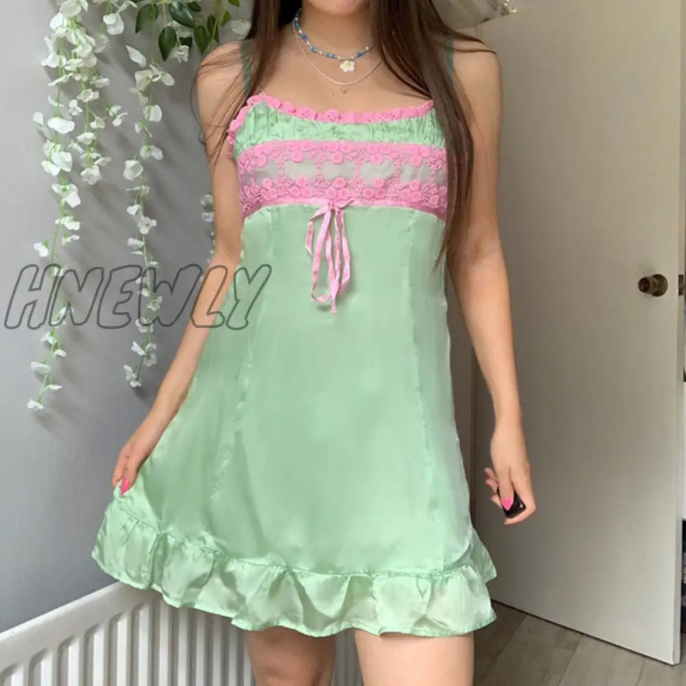 Hnewly Summer Ruffles Hem Kawaii Slip Dresses For Women Patchwork Lace Cute A Line Satin Dress Mini Fairycore y2k Outfits