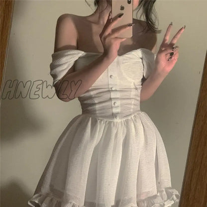 xsrrr Summer Sexy Off Shoulder Women Sundress White Elegant Button Pleated Mini Dress Straps Sleeveless Ruffles Outfits Cuteandpsycho