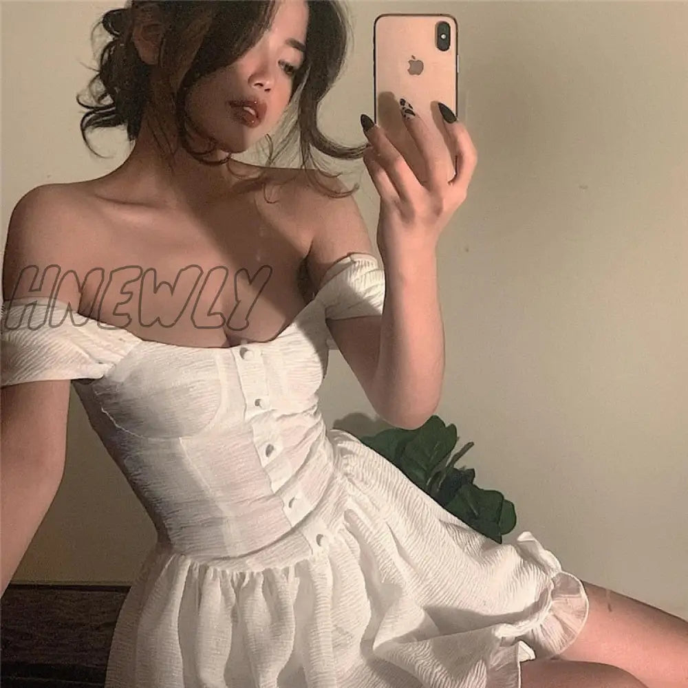 xsrrr Summer Sexy Off Shoulder Women Sundress White Elegant Button Pleated Mini Dress Straps Sleeveless Ruffles Outfits Cuteandpsycho