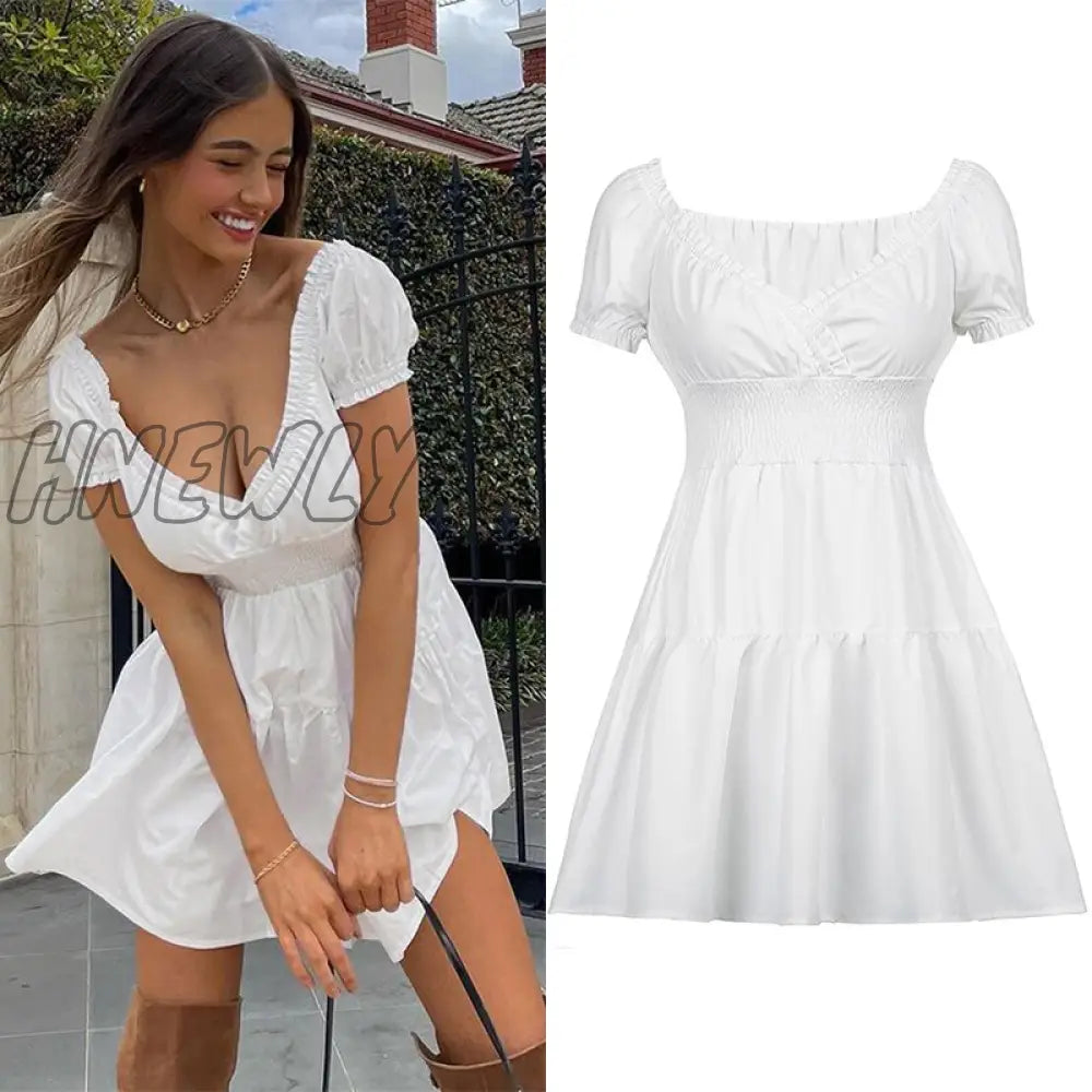 xsrrr Summer Sexy Off Shoulder Women Sundress White Elegant Button Pleated Mini Dress Straps Sleeveless Ruffles Outfits Cuteandpsycho